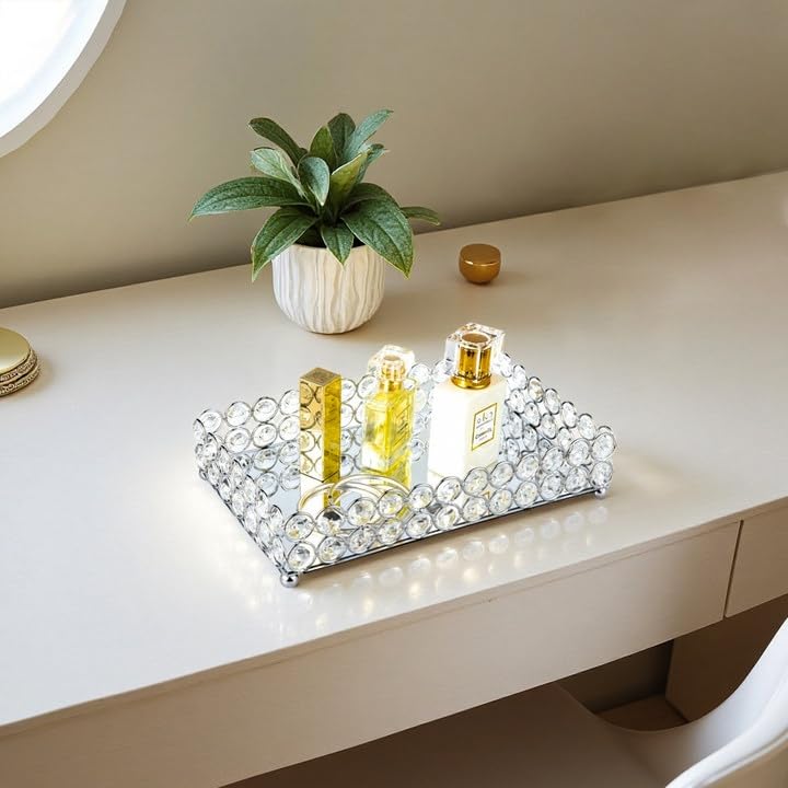 Feyarl Crystal Perfume Tray Cosmetic Makeup Vanity Tray Jewelry Trinket Rings Earrings Organizer Decorative Tray Storage for Home Deco Wedding Dresser Tabletop Girl Women Gift(10" x 6 "Silver) - Image 4